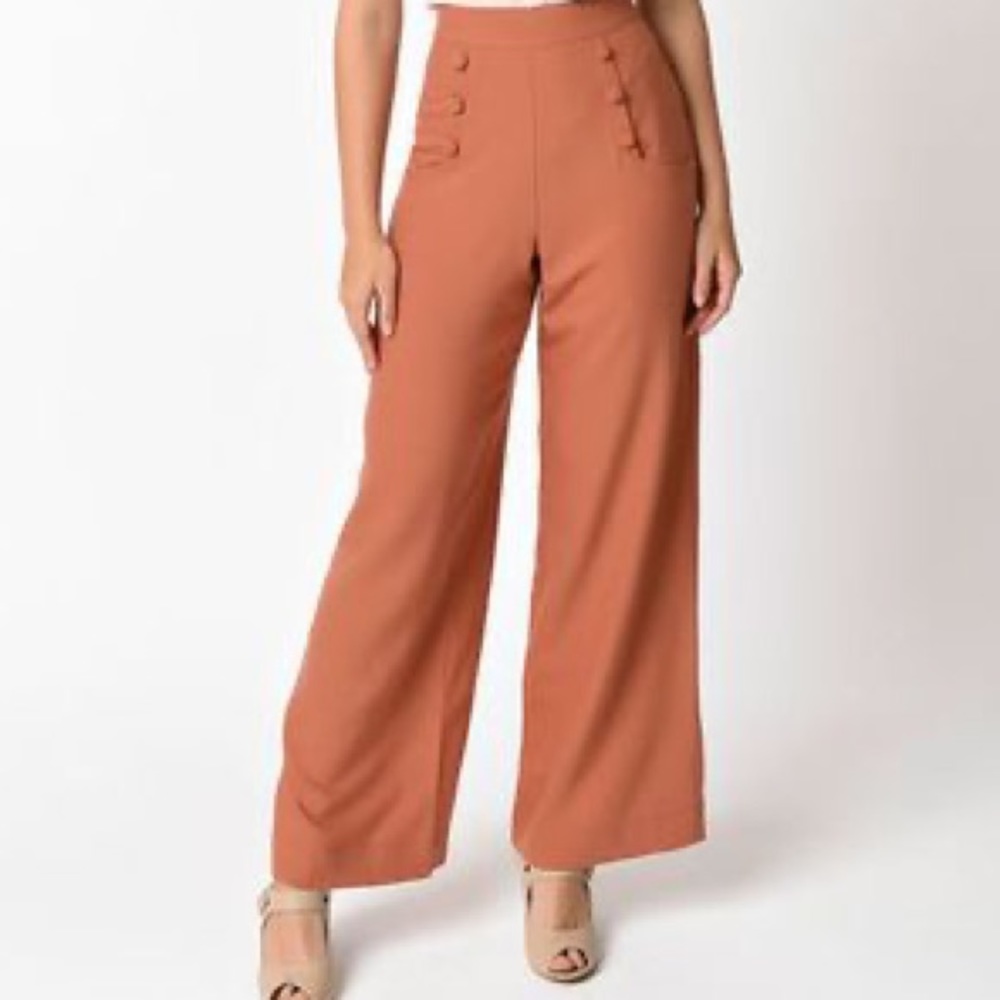 Unique Vintage Cinnamon 40s Style Ginger Wide Leg Trouser Pants BUTTONS REMOVED